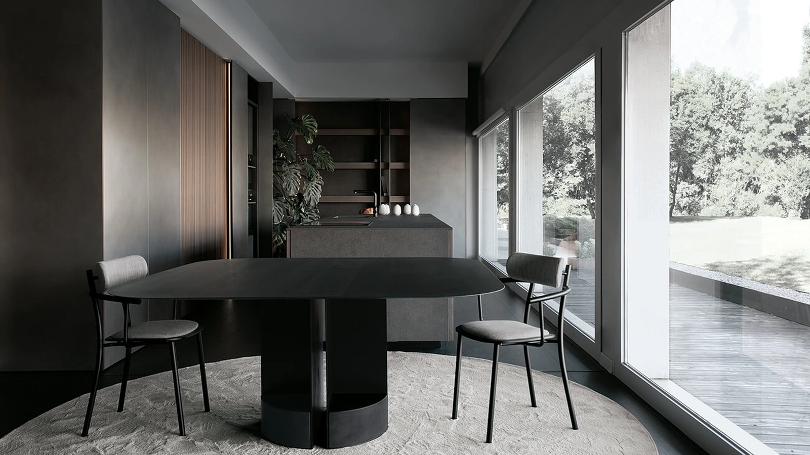 Tavolo T13 configurazione 04 con top in HPL rovere affumicato, telaio in acciaio e contrappesi in cemento di Extendo