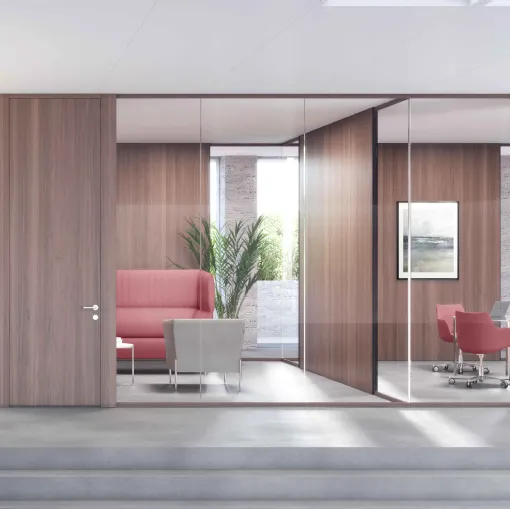 Pareti acustiche divisorie per ufficio in vetro e legno di Estel