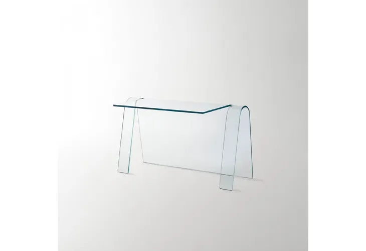 Scrittoio Folio ottenuto da un’unica lastra di cristallo trasparente extralight curvato di Glas Italia