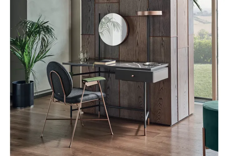 Scrittoio Vanity con top in marmo, cassetto in legno laccato e struttura in acciaio di Bontempi