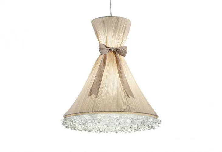 Lampada a sospensione con paralume in tessuto plissettato avorio e decori floreali in vetro di Murano trasparente Bouquet di Reflex