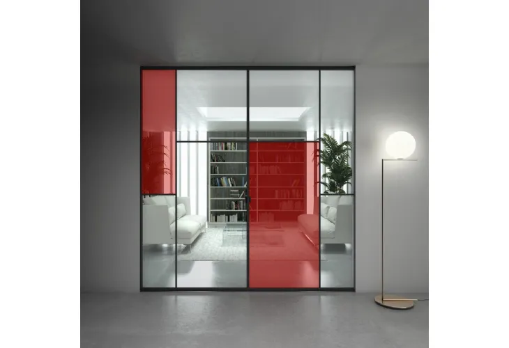 Porta per interni ad ante scorrrevoli Sherazade Pocket Patchwork in vetro trasparente e colorato con telaio in alluminio di Glas Italia