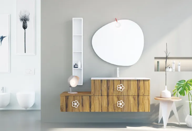 Mobile da Bagno sospeso in legno con maniglia in metallo a forma di fiore Linea LN21 di Arteba