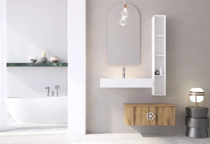 Mobile da Bagno sospeso in legno con maniglia in metallo a forma di fiore Linea LN22 di Arteba