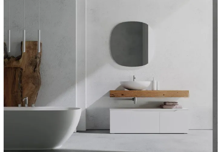 Mobile da bagno a terra in laccato bianco opaco con top in Rovere Rustech RT06 di Arteba