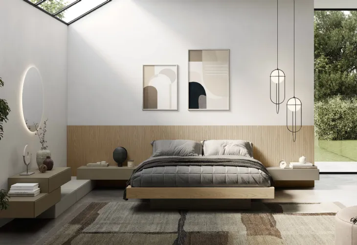 Letto Plan in legno con testiera boiserie a righe di Fimar