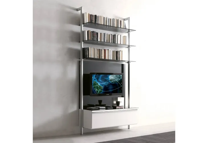 Libreria Capri in metallo con ripiani in vetro e cassetto laccato di Ponti Terenghi