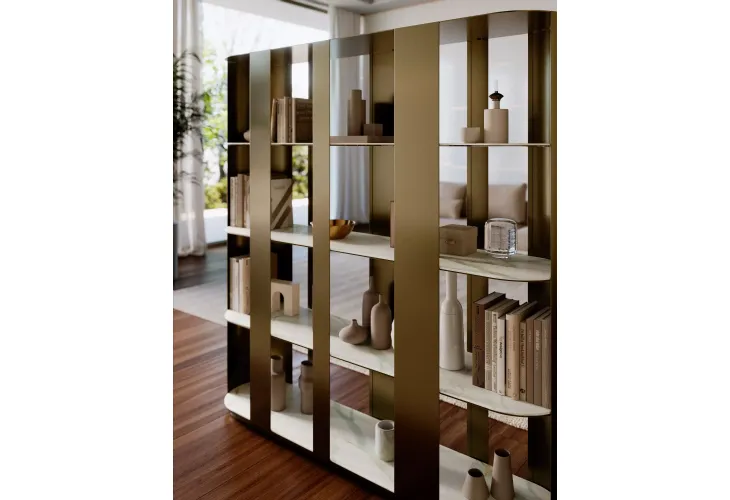 Libreria divisoria Helena in metallo laccato con ripiani in SuperMarmo di Bontempi