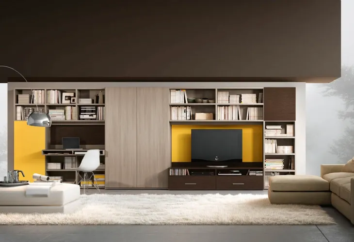 Libreria Living 73D che include una scrivania e un mobile per il televisore di Ferrimobili