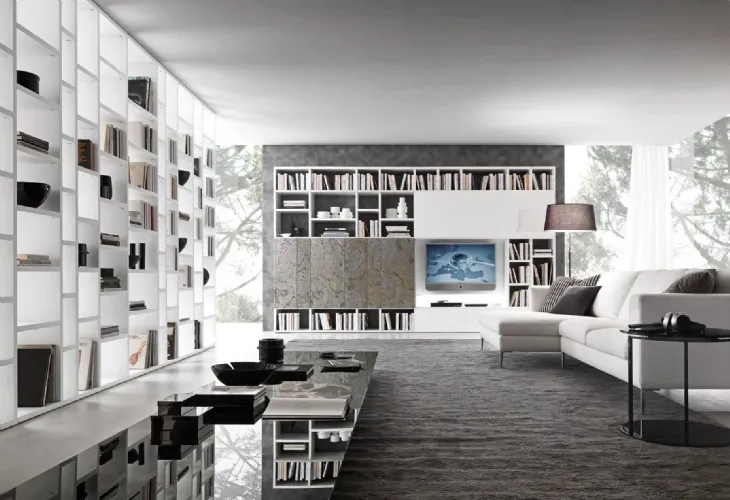 Libreria a muro in melaminico effetto marmo e laccato bianco opaco Pari&Dispari 02 di Presotto