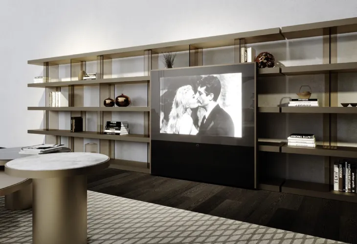 Libreria modulare a incastro con divisori in vetro fumé e ripiani in legno laccato Tango T Anta TV di Reflex
