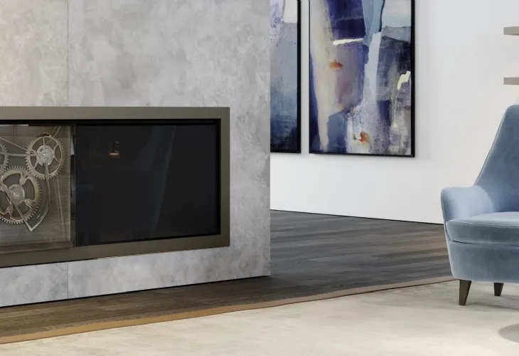 Madia di design in legno con anta in vetro con ingranaggi a vista Big Ben Buffet di Reflex