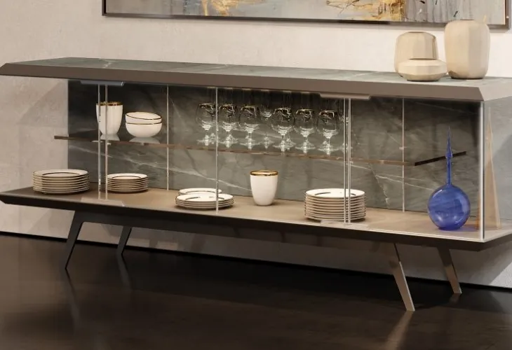 Madia in vetro con top e schiena in MarmoReflex e base in metallo London Buffet di Reflex