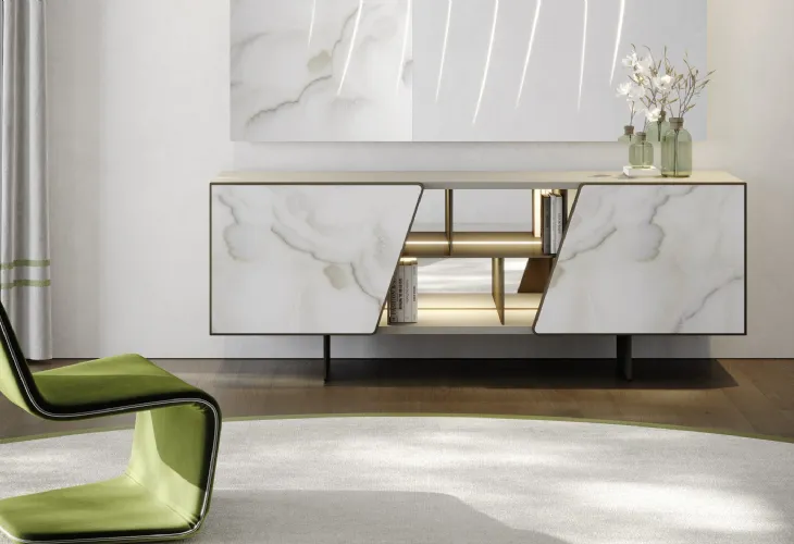 Madia Vertigo Buffet in legno laccato con inserto in MarmoReflex e ripiani e schiena in vetro di Reflex