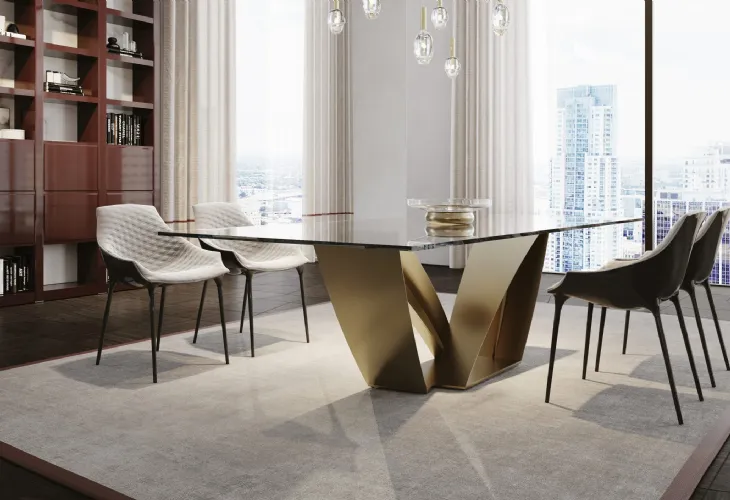 Tavolo rettangolare con top in vetro extrachiaro e base in ferro finitura ottone Apeiron 72 di Reflex