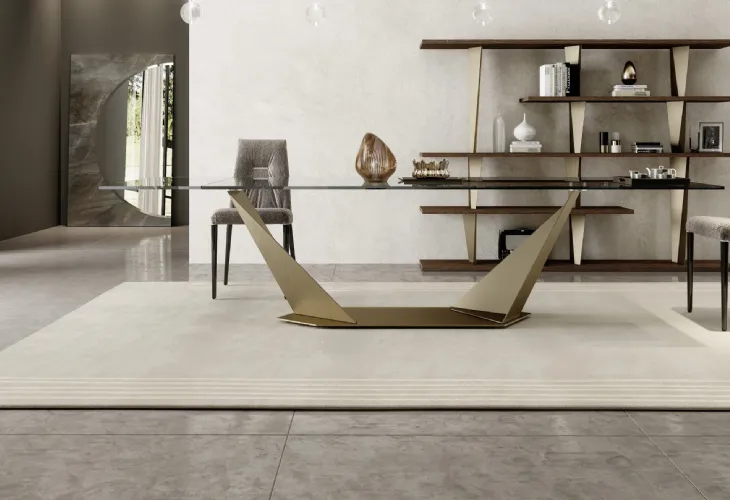Tavolo allungabile con base in metallo e top in vetro trasparente Quartz 72 di Reflex