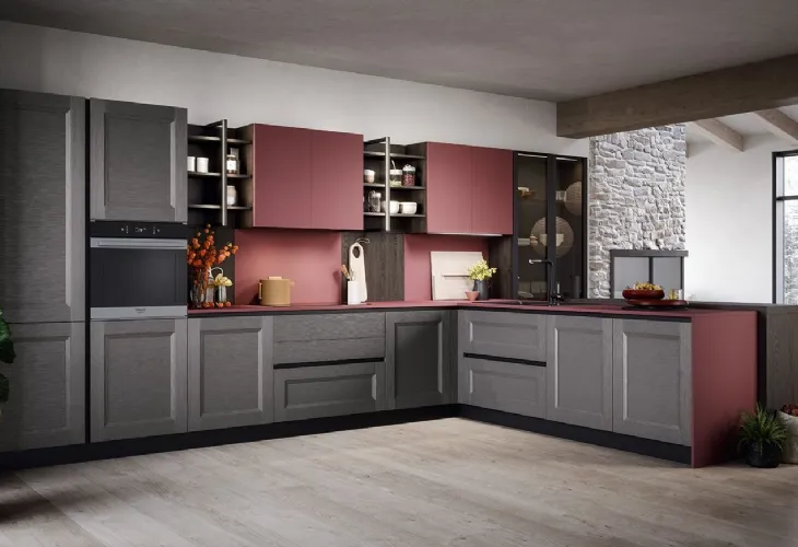 Cucina Moderna angolare Asia in materico laccato antracite e laccato opaco rosso porto di Forma la cucina