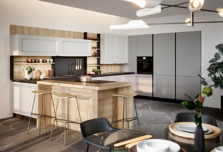 Cucina Moderna angolare Asia in materico laccato grigio chiaro con penisola in finitura rovere naturale di Forma la cucina
