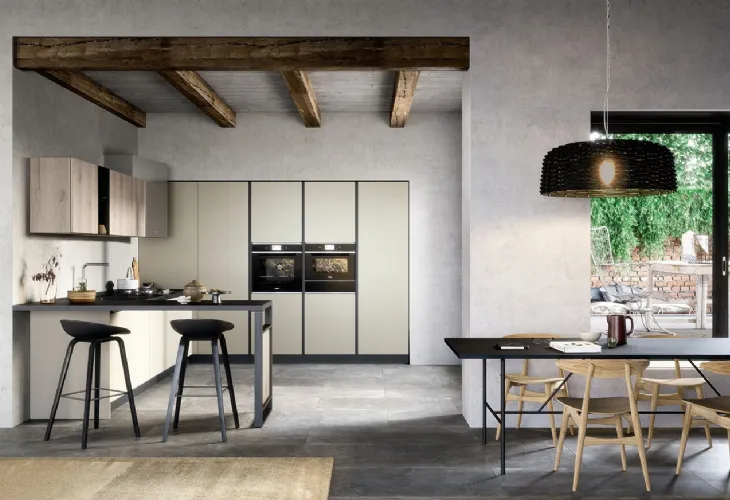 Cucina Moderna con penisola Colibrì Gola Blues finitura nobilitato corda e rovere polvere di Forma la cucina