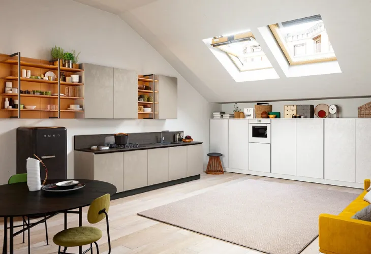 Cucina Moderna lineare Colibrì Gola Blues in finitura cemento brown e cemento white di Forma la cucina