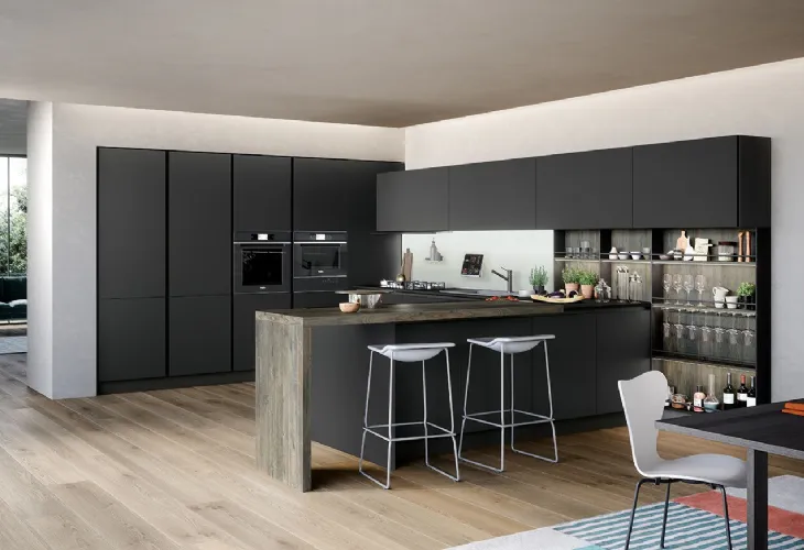 Cucina Moderna angolare Trend Grip in laminato fenix nero ingo con bancone penisola in finitura abete antico di Forma la cucina