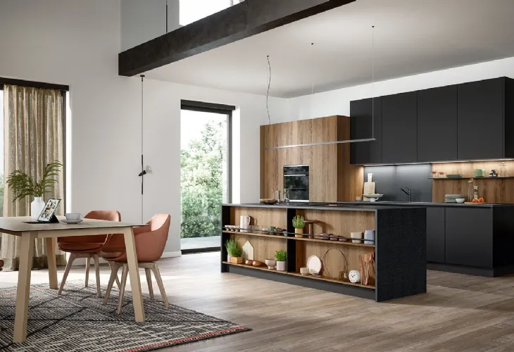 Cucina Moderna con isola Trend Linea in finitura nero seta e rovere arizona di Forma la cucina